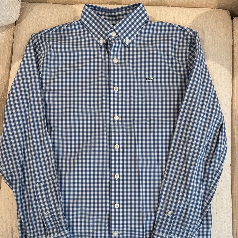 Vineyard Vines Boys Blue and Light Sage Gingham Button-Down Shirt
